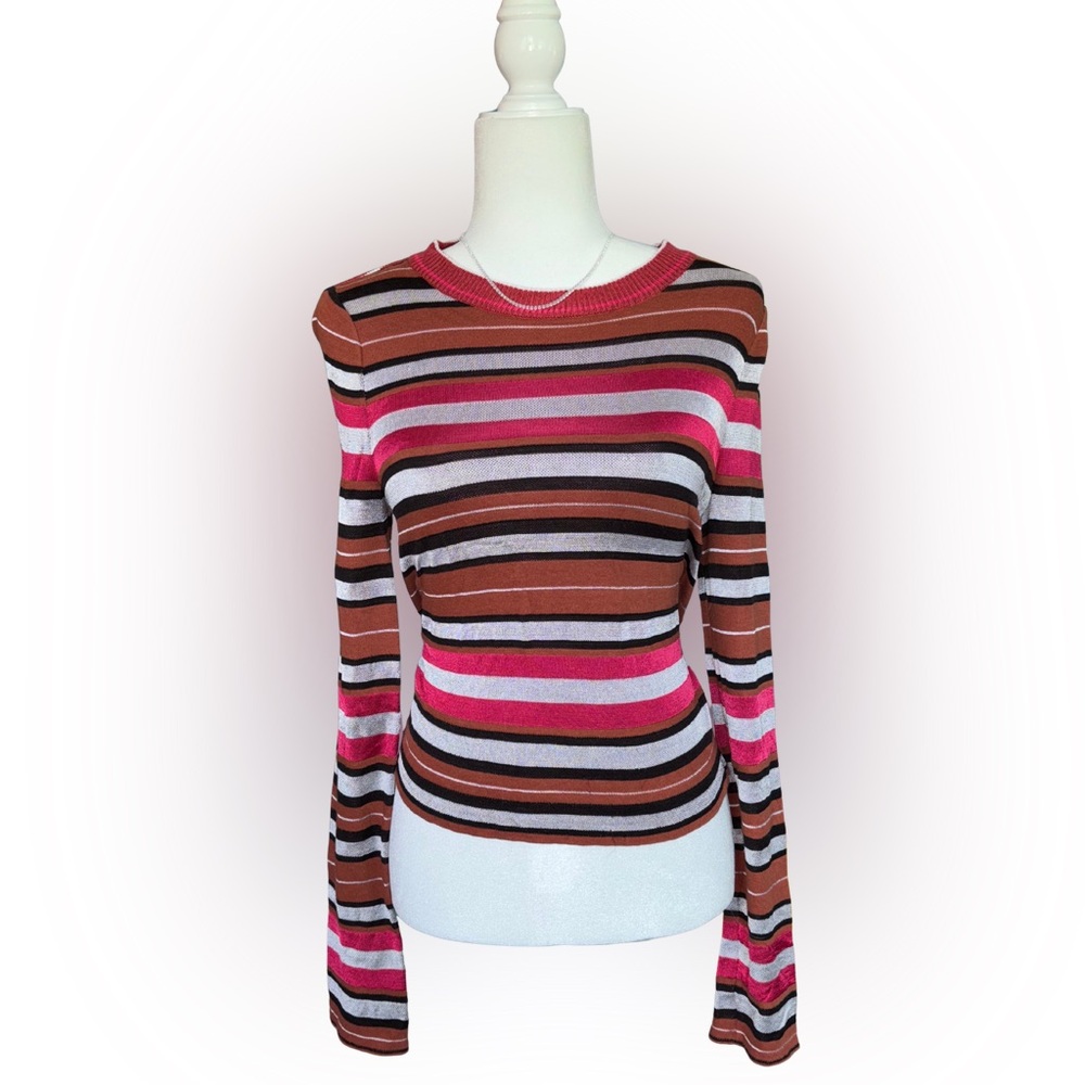 Free People Pink Brown Black Striped Fitted Stretch Long Sleeve Size S